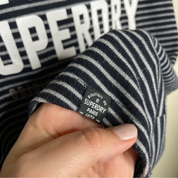 Superdry Paris Women’s Size S Cowl Neck Striped Sweater Draw String Navy Gray - Picture 2 of 7